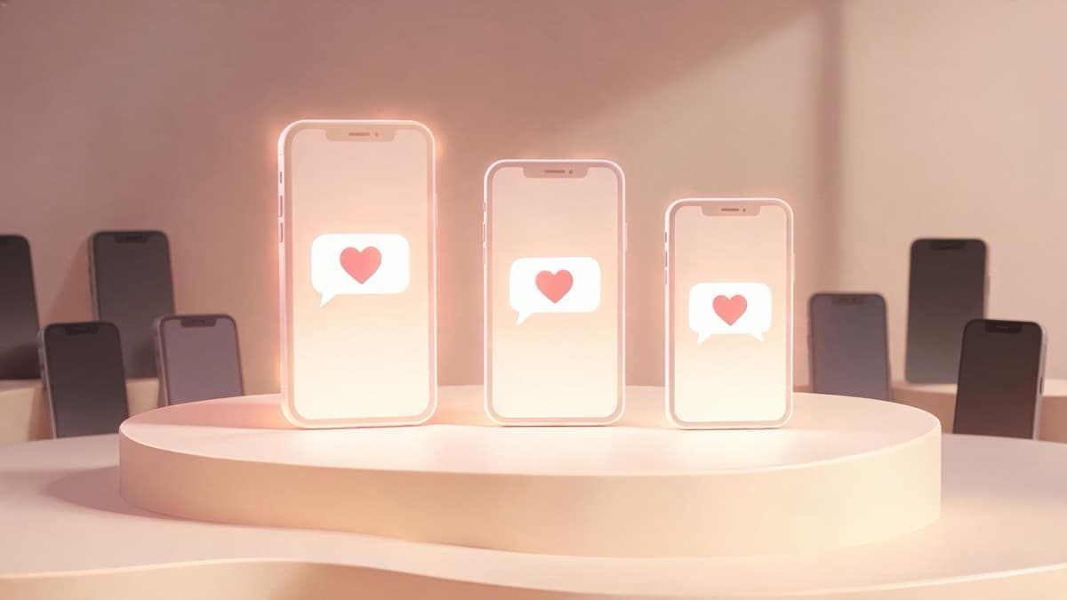 Three glowing smartphones on a podium in descending height, with unlit phones in the shadows behind them