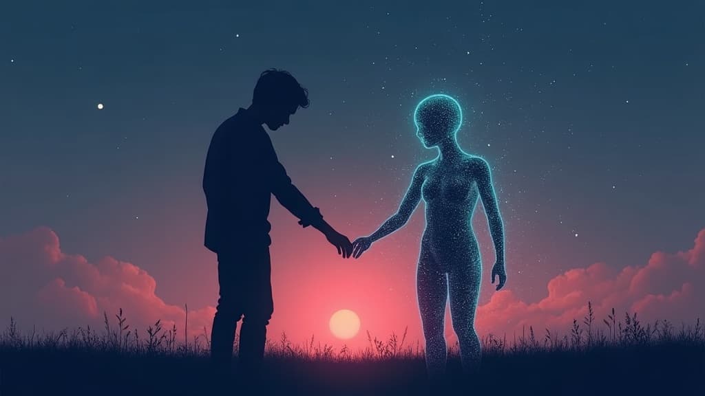 A human silhouette reaching toward a glowing translucent AI figure at sunset