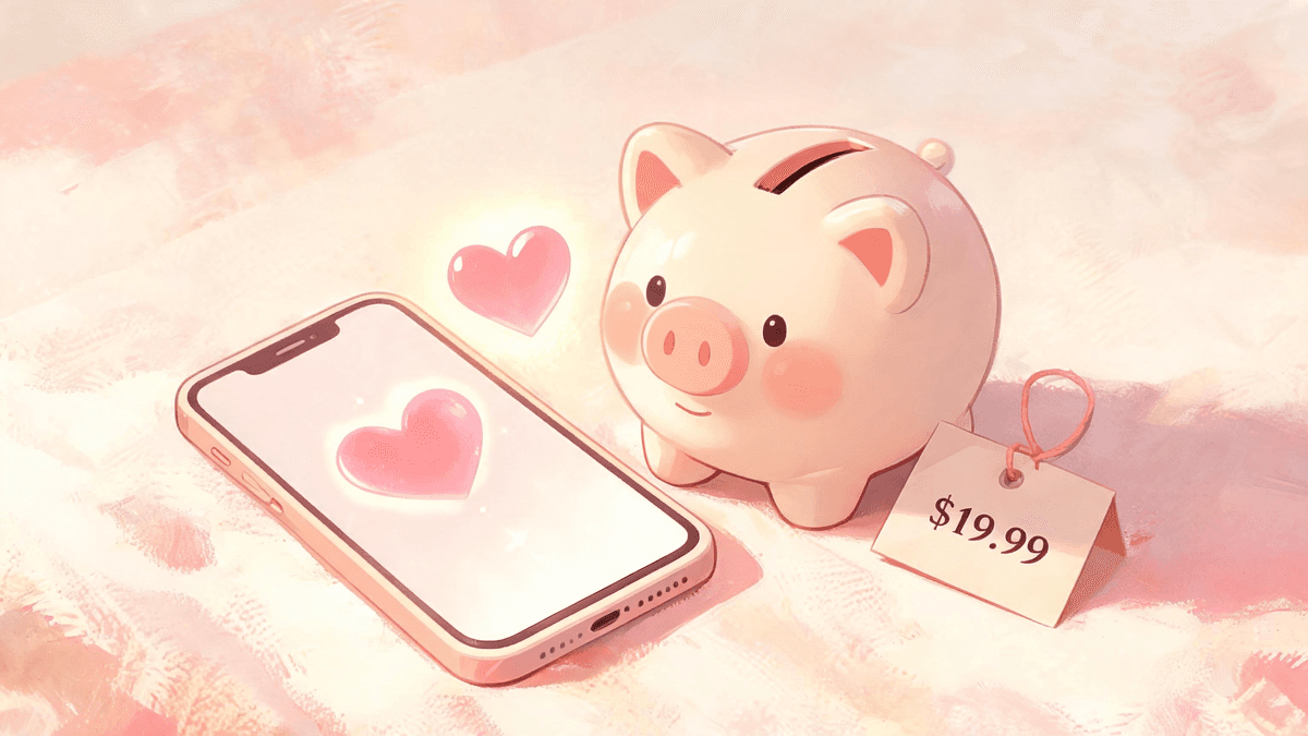 A glowing phone with a heart beside a piggy bank and a small price tag