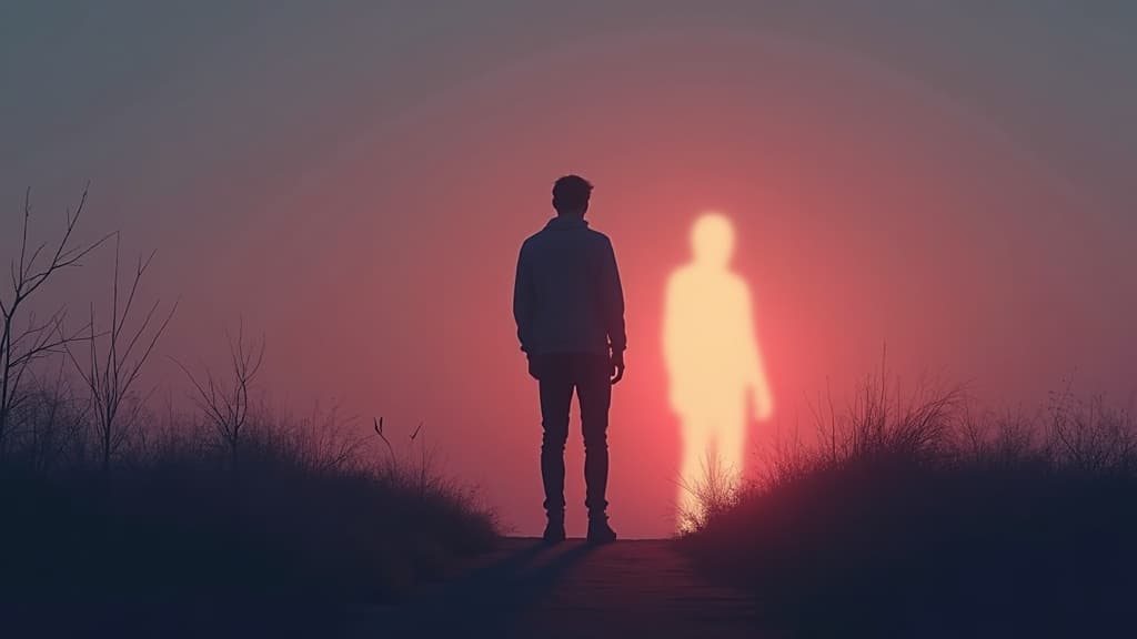 A person between a human silhouette and a glowing digital figure