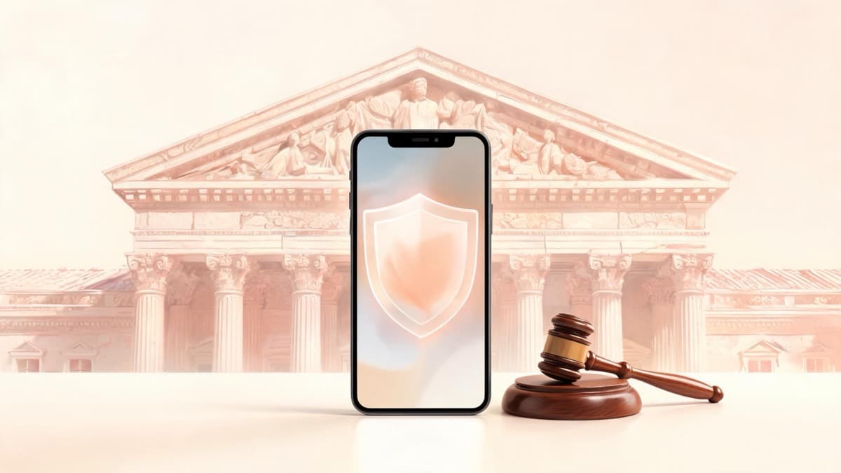 A smartphone with a shield on its screen standing in front of a courthouse facade, a gavel beside it