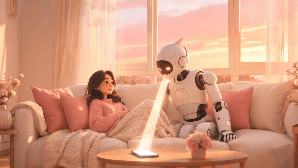 A person on a sofa beside a friendly humanoid companion robot, light rising from a phone toward it