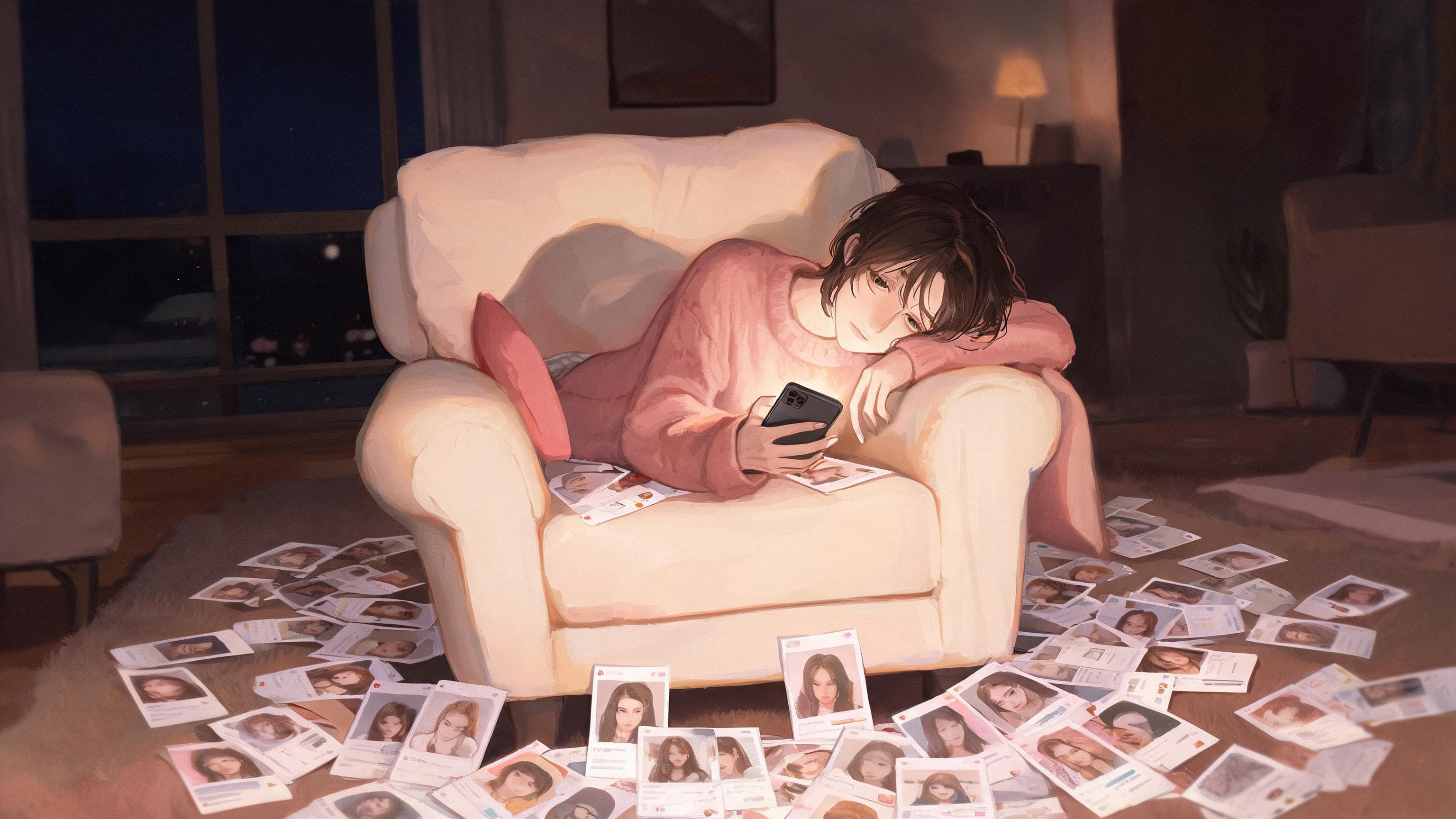 A person slumped in an armchair at night lit by a phone's glow while faded profile cards drift to the floor like leaves