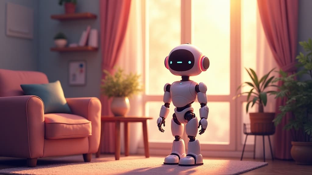 A friendly humanoid companion robot in a warm sunlit living room