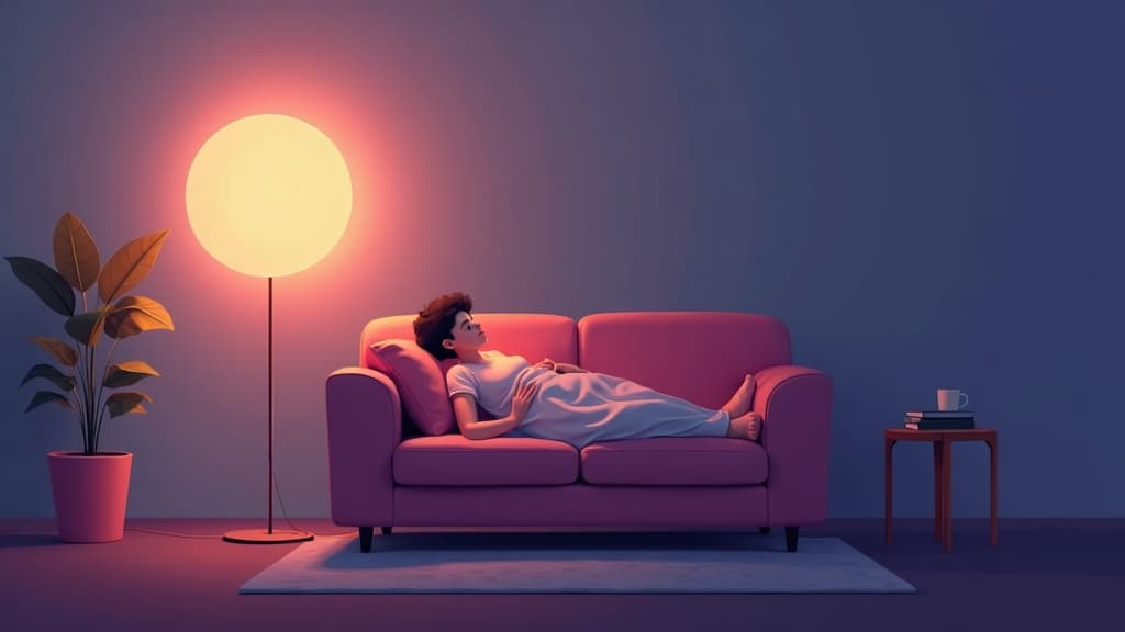A person relaxing at home beside the warm glow of an AI companion