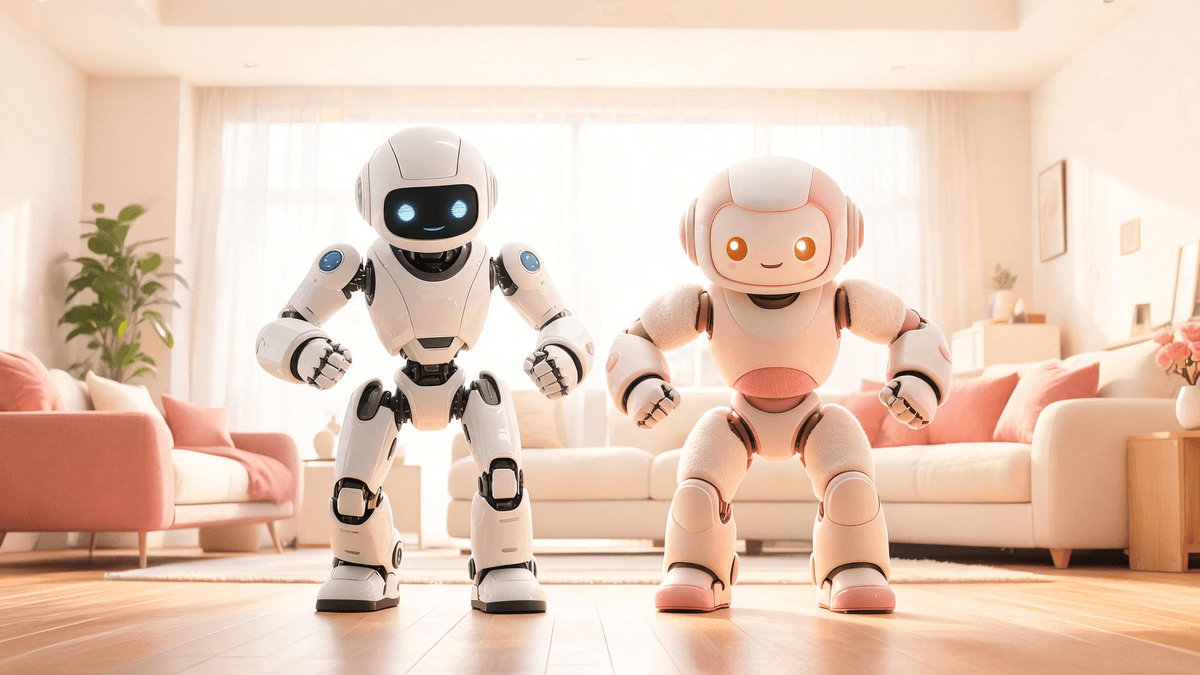 Two friendly humanoid home robots side by side at the start of a good-natured race