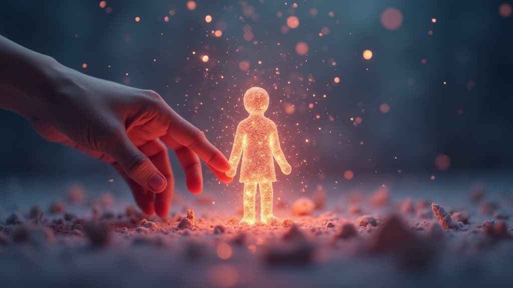 An abstract companion figure forming from glowing particles