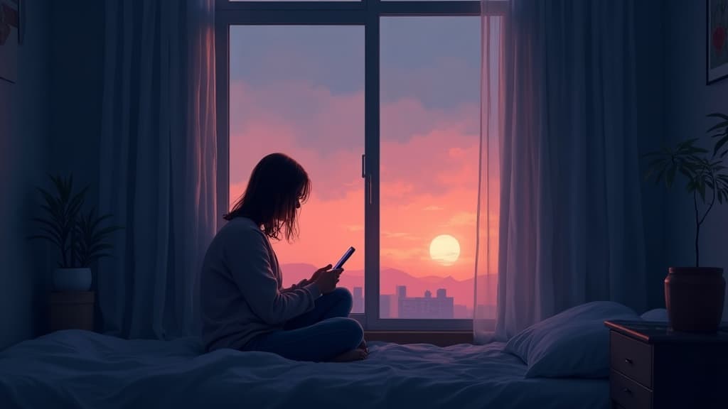 A person sitting alone by a window at dusk, lit by a phone screen