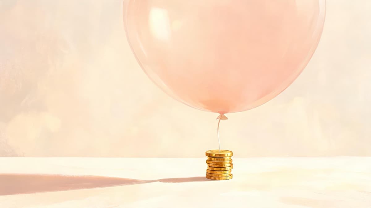 An enormous balloon floating above a very small stack of gold coins it is tethered to