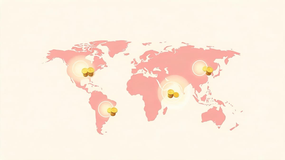 A flat world map with glowing spend markers over North America, South America, South Asia and East Asia