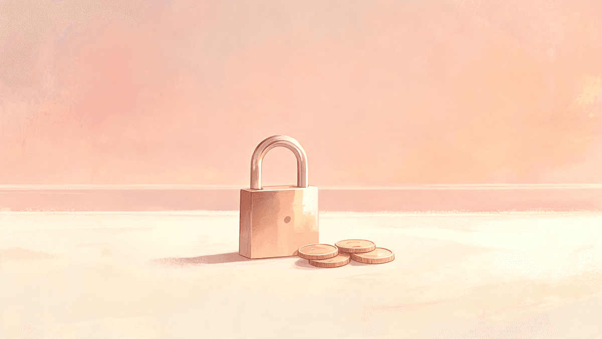 An open unlocked padlock beside a calm flat horizon line and a few coins staying put