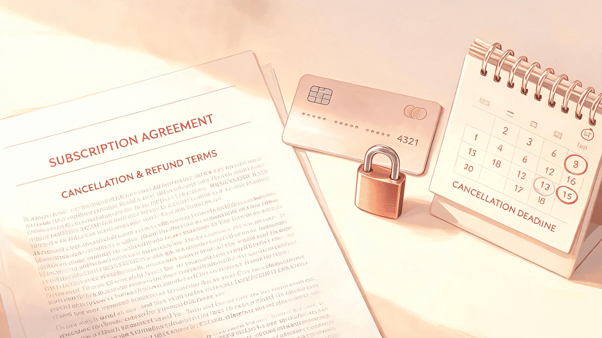A subscription contract with fine print beside a locked credit card and a calendar
