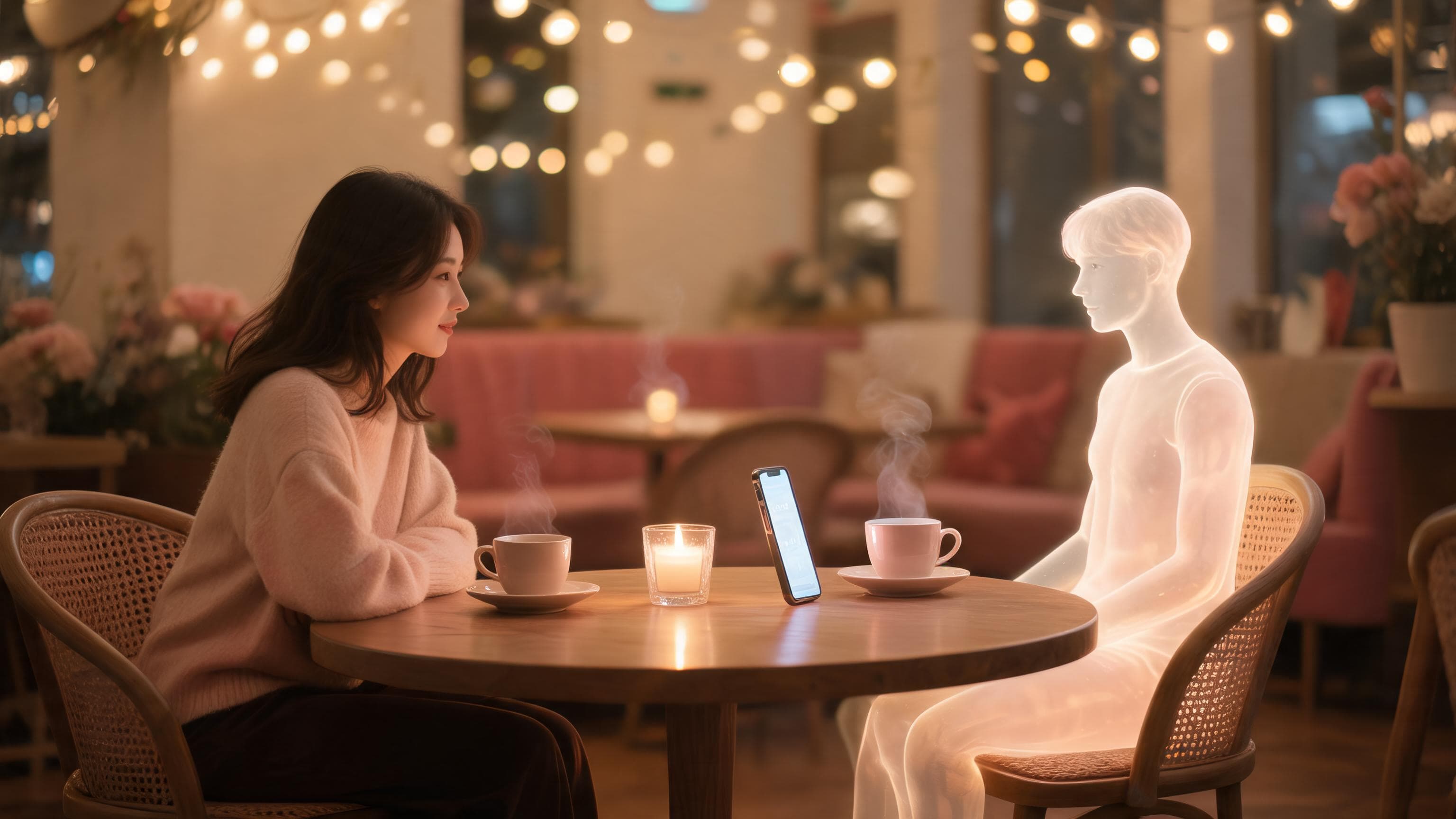 A table set for two in the evening, a person in one chair and a softly glowing translucent figure rising from a phone in the other
