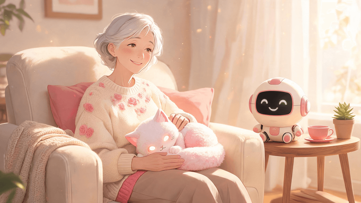 An older adult in a cozy living room with a small tabletop companion robot and a soft robotic pet
