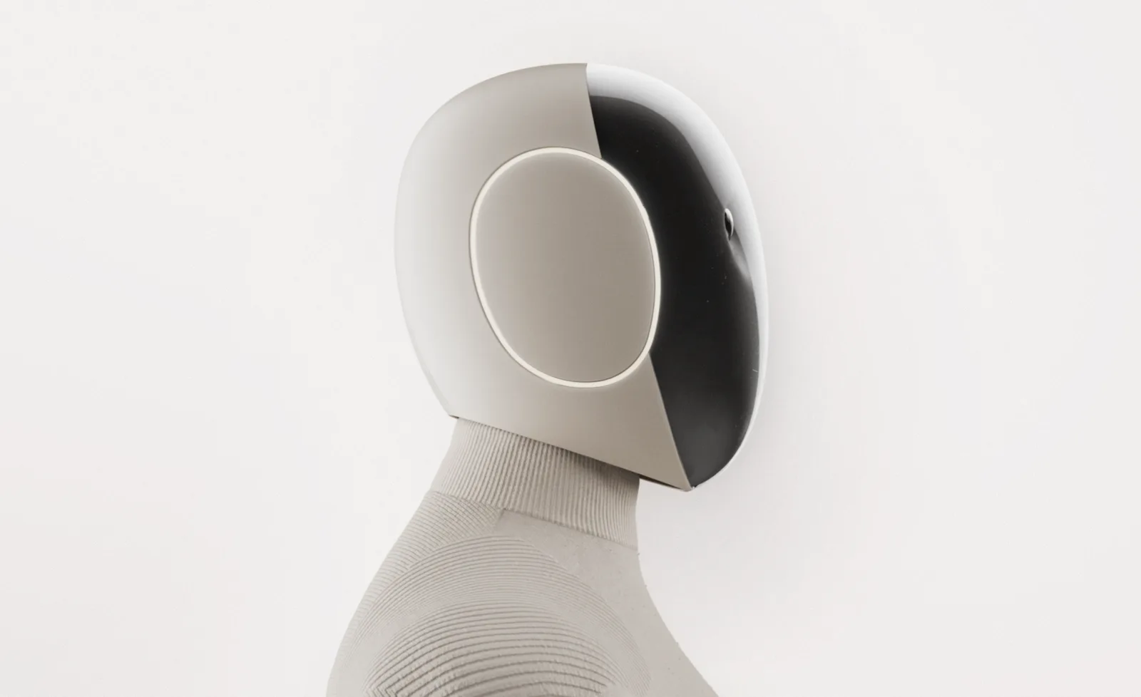 Close-up of the 1X NEO humanoid robot’s head and torso