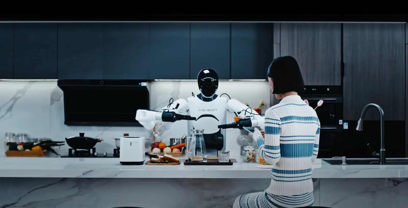 AGIBOT humanoid robot preparing food in a home kitchen