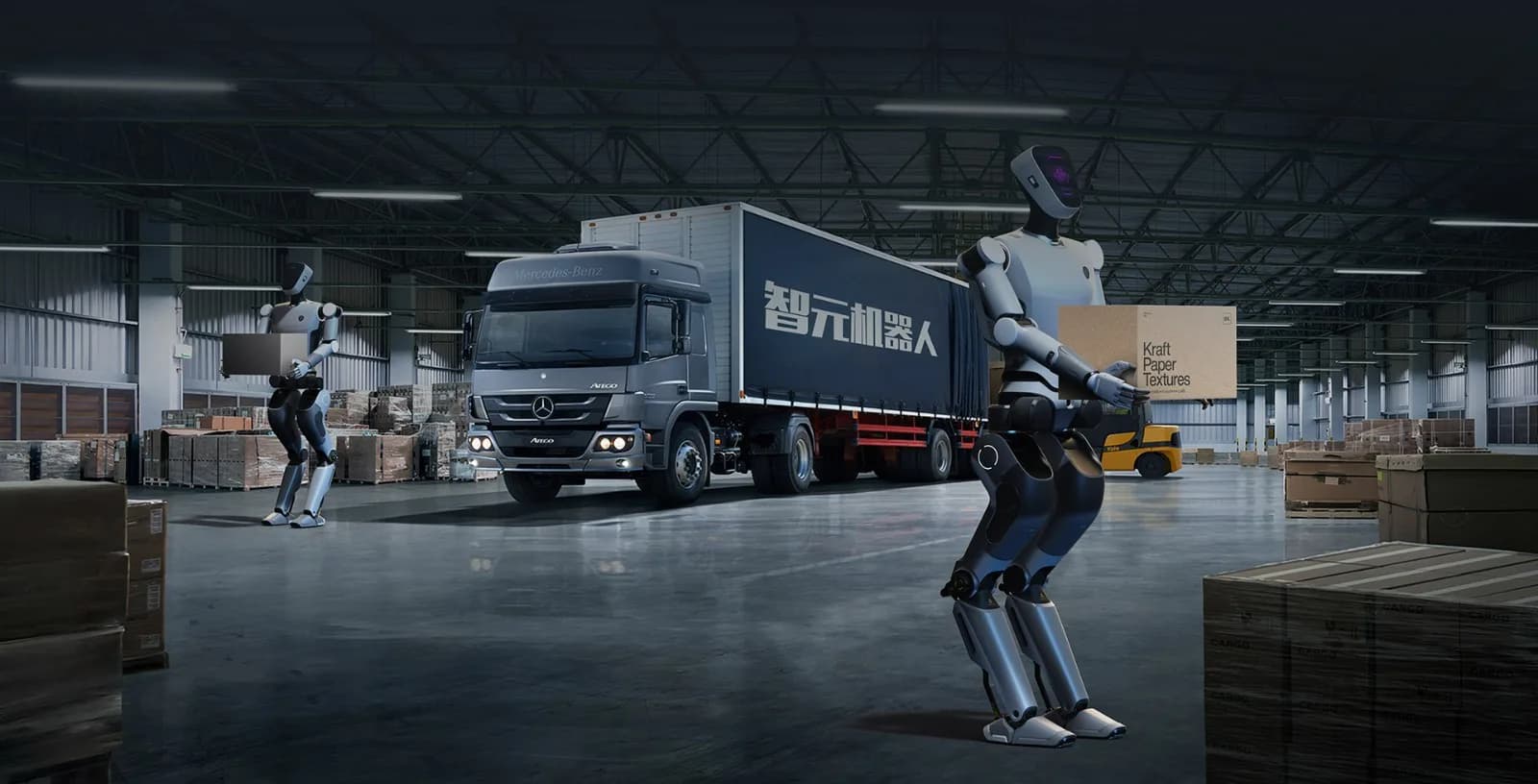 AGIBOT humanoid robots unloading a delivery truck