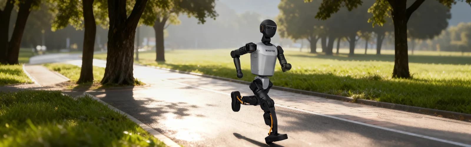 Booster T1 humanoid robot running through a park