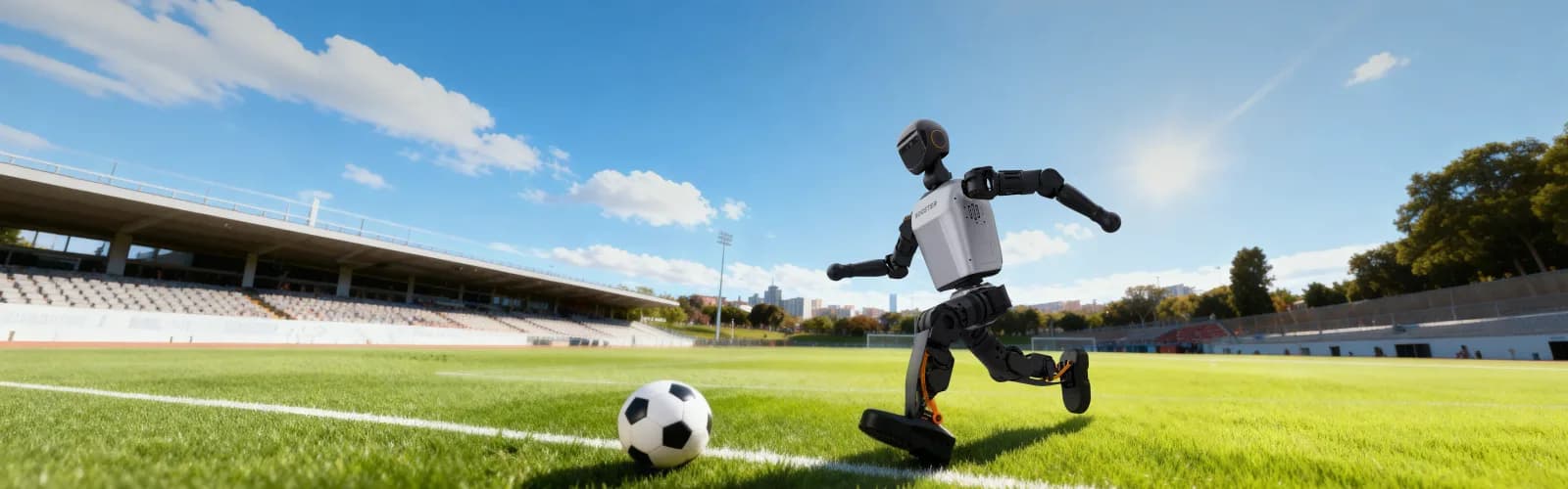 Booster T1 humanoid robot kicking a football