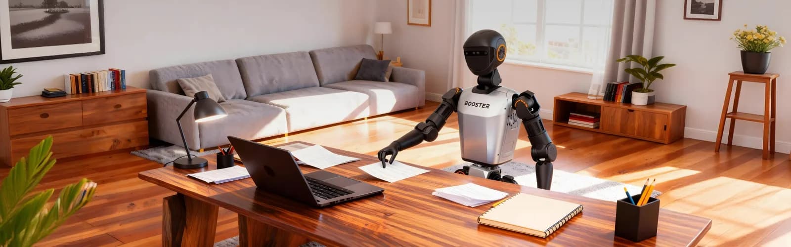 Booster T1 humanoid robot at a desk in a living room