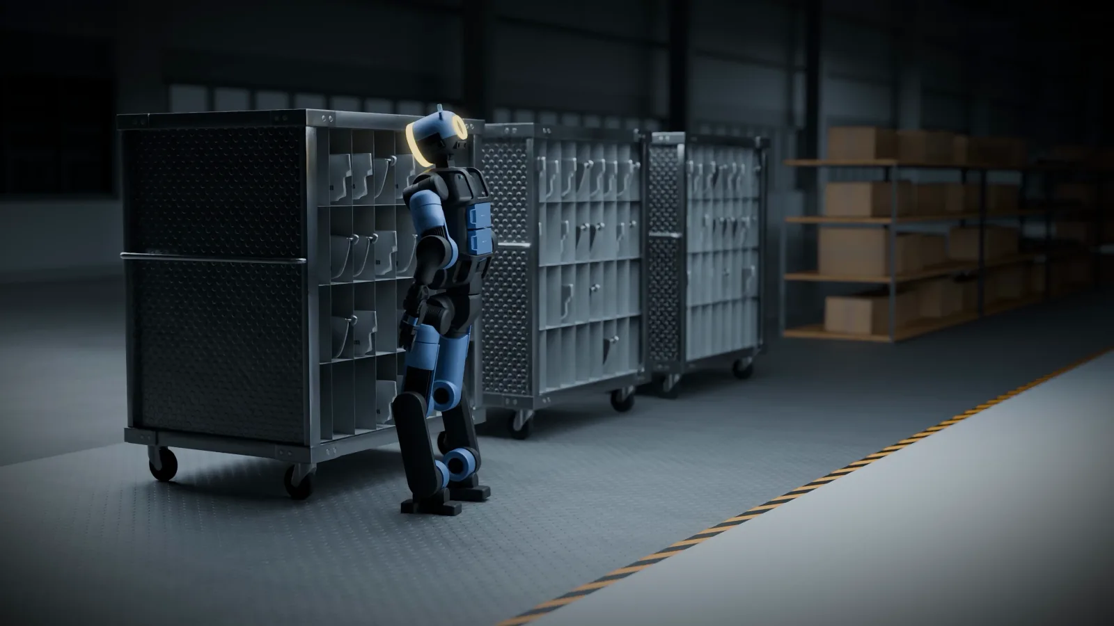 Atlas moving parts carts in a warehouse