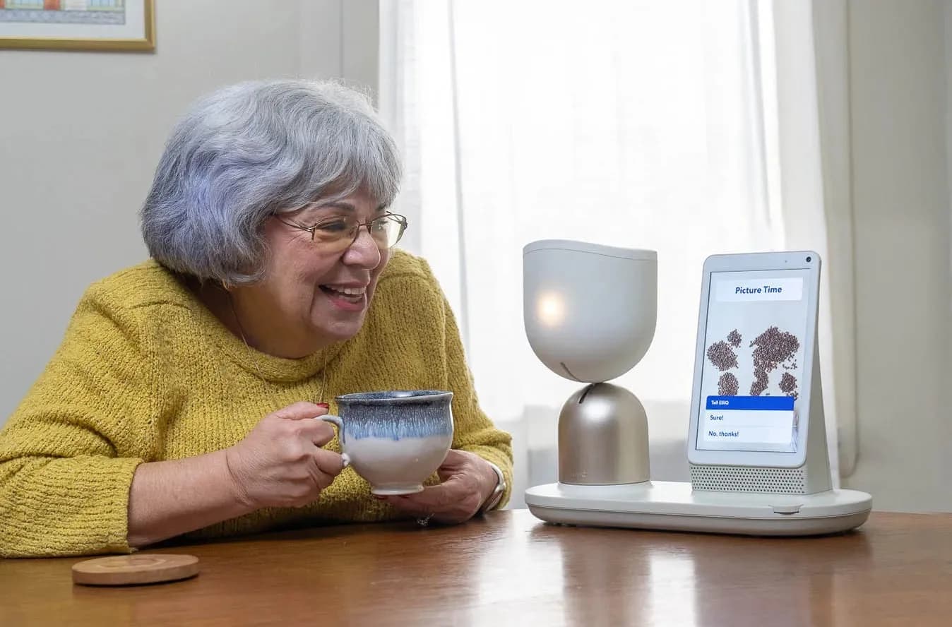 An older woman with a cup of tea beside the ElliQ companion robot