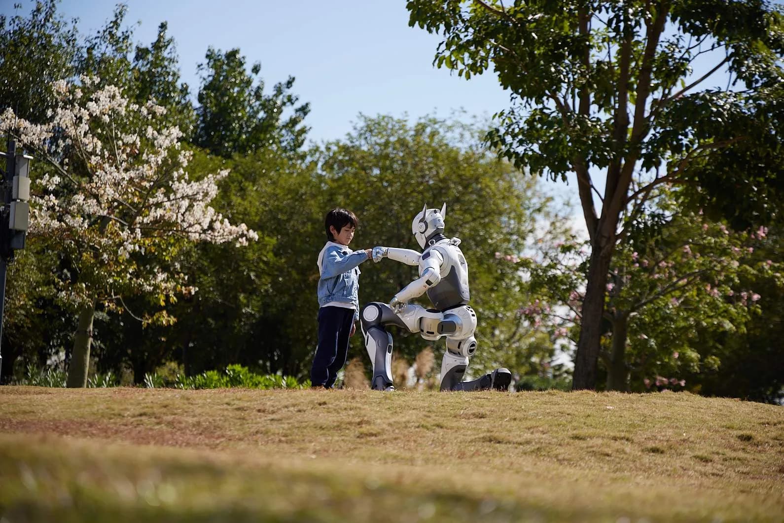 A child greeting an EngineAI humanoid robot in a park