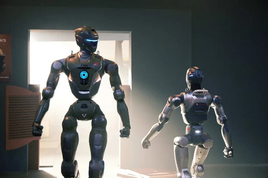 Two EngineAI humanoid robots indoors