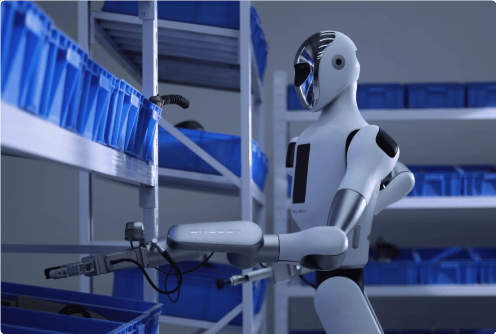 Galbot G1 robot picking from warehouse bins
