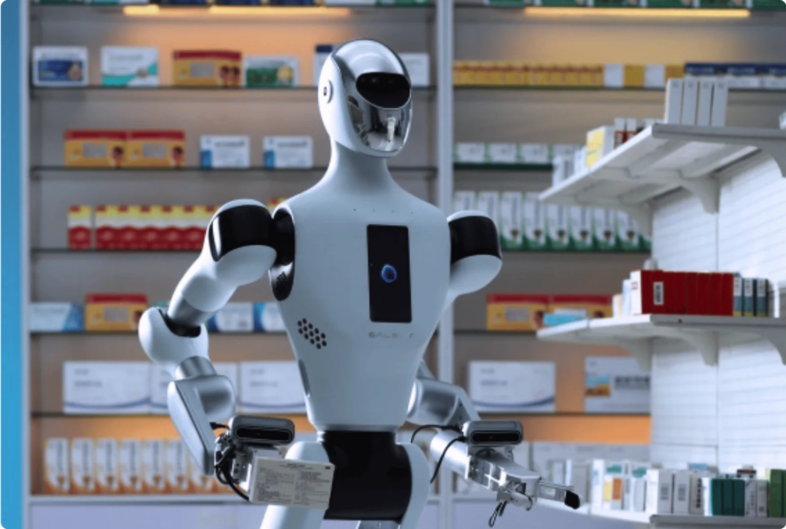 Galbot G1 robot working in a pharmacy aisle