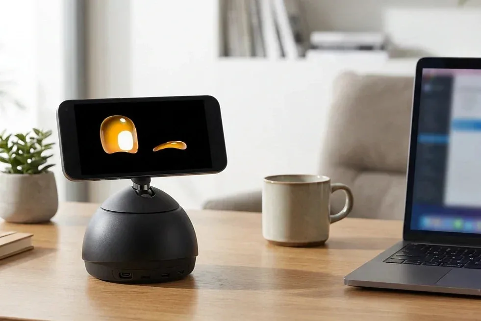 Loona Petbot on a desk beside a laptop
