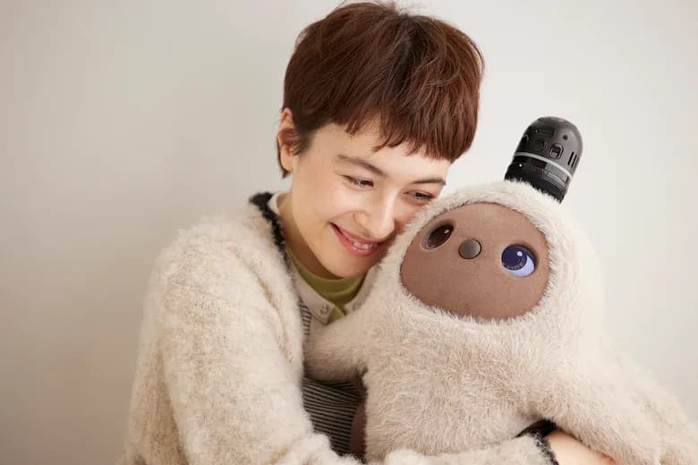A woman hugging her LOVOT companion robot