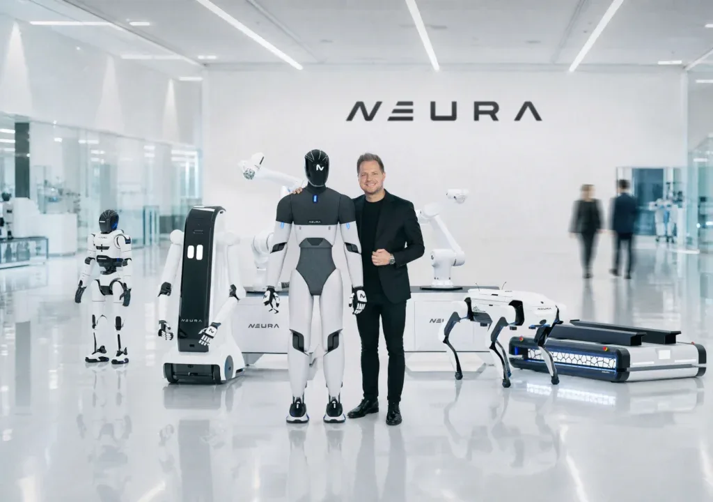Neura Robotics founder with the company's robot line-up