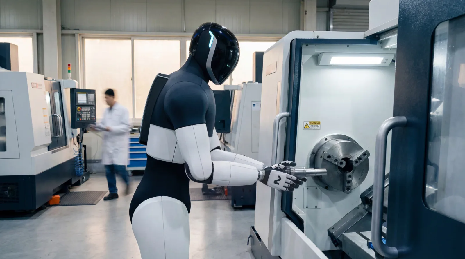 A Neura humanoid robot operating a machine tool
