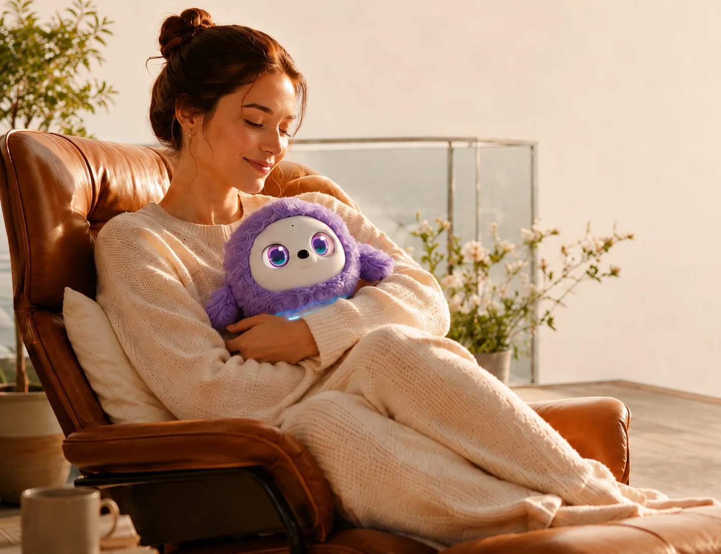 A woman holding a Ropet robot pet on a sofa