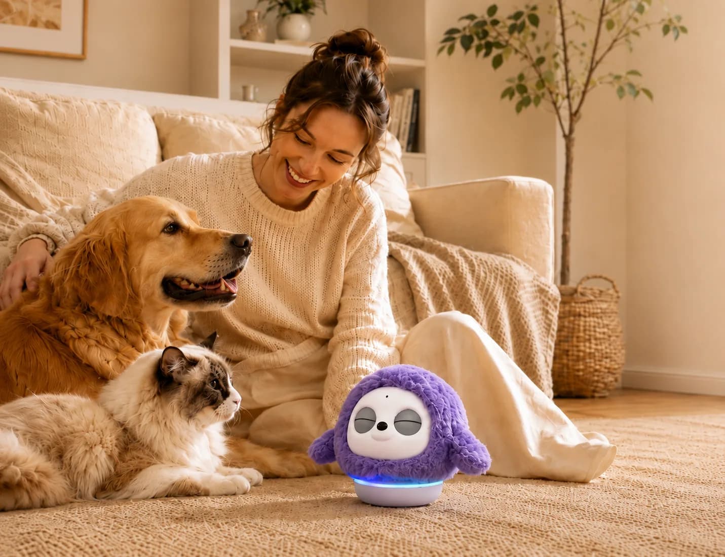 A Ropet robot pet beside a real dog