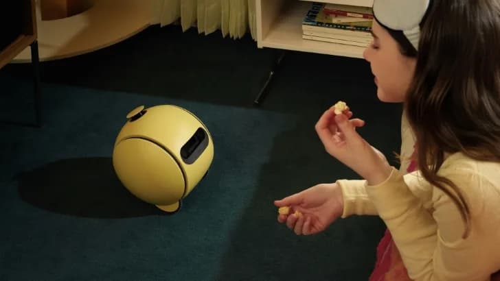 Samsung Ballie, the yellow spherical home robot, beside a person