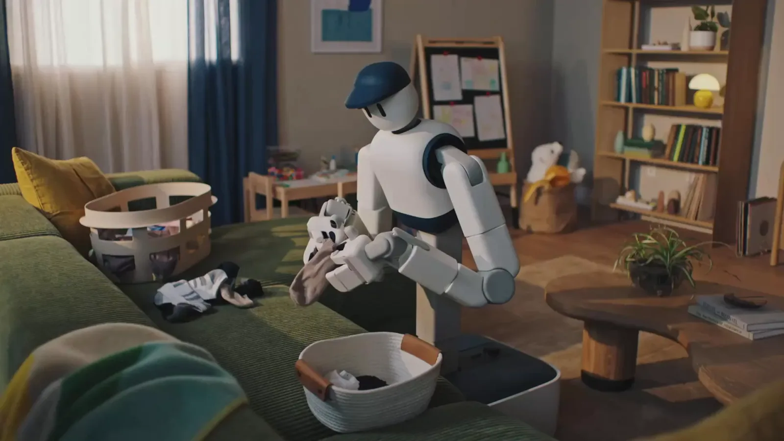 Sunday Robotics Memo robot tidying a living room