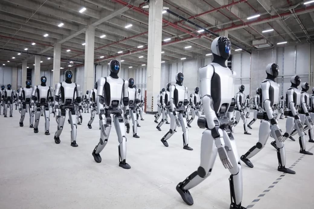 Rows of Walker S2 robots in a UBTECH production hall