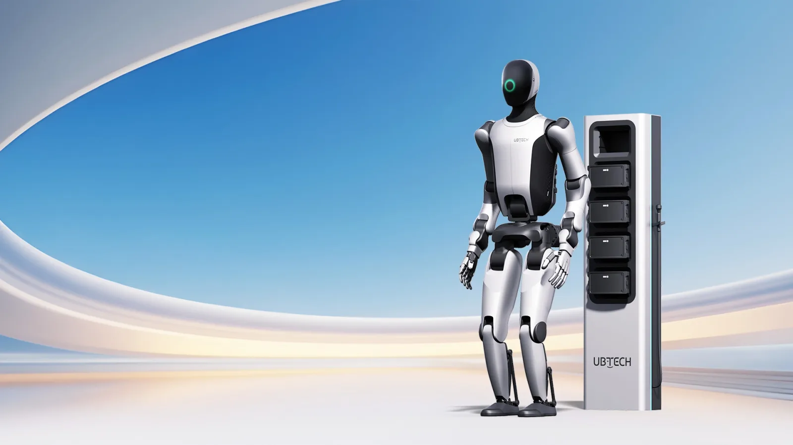 Walker S2 robot at its autonomous battery-swapping station