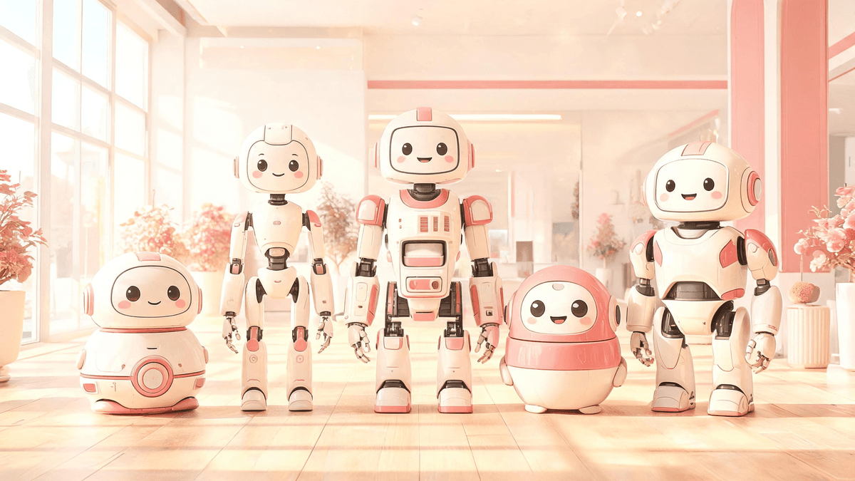 A lineup of friendly home and humanoid robots in a bright modern showroom