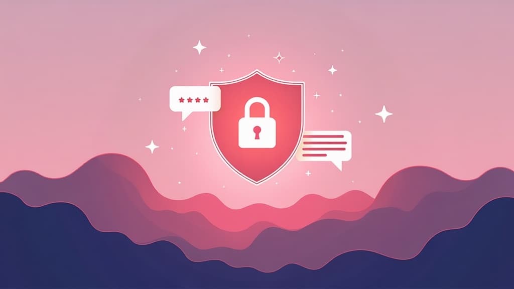 An illustration of digital privacy: a shield and chat bubble over a data landscape
