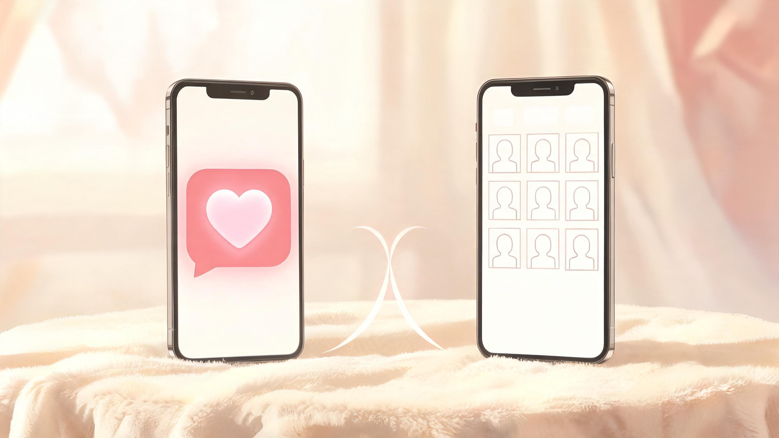 Two smartphones facing each other on a table, one showing a glowing heart chat bubble, the other a grid of small profile cards